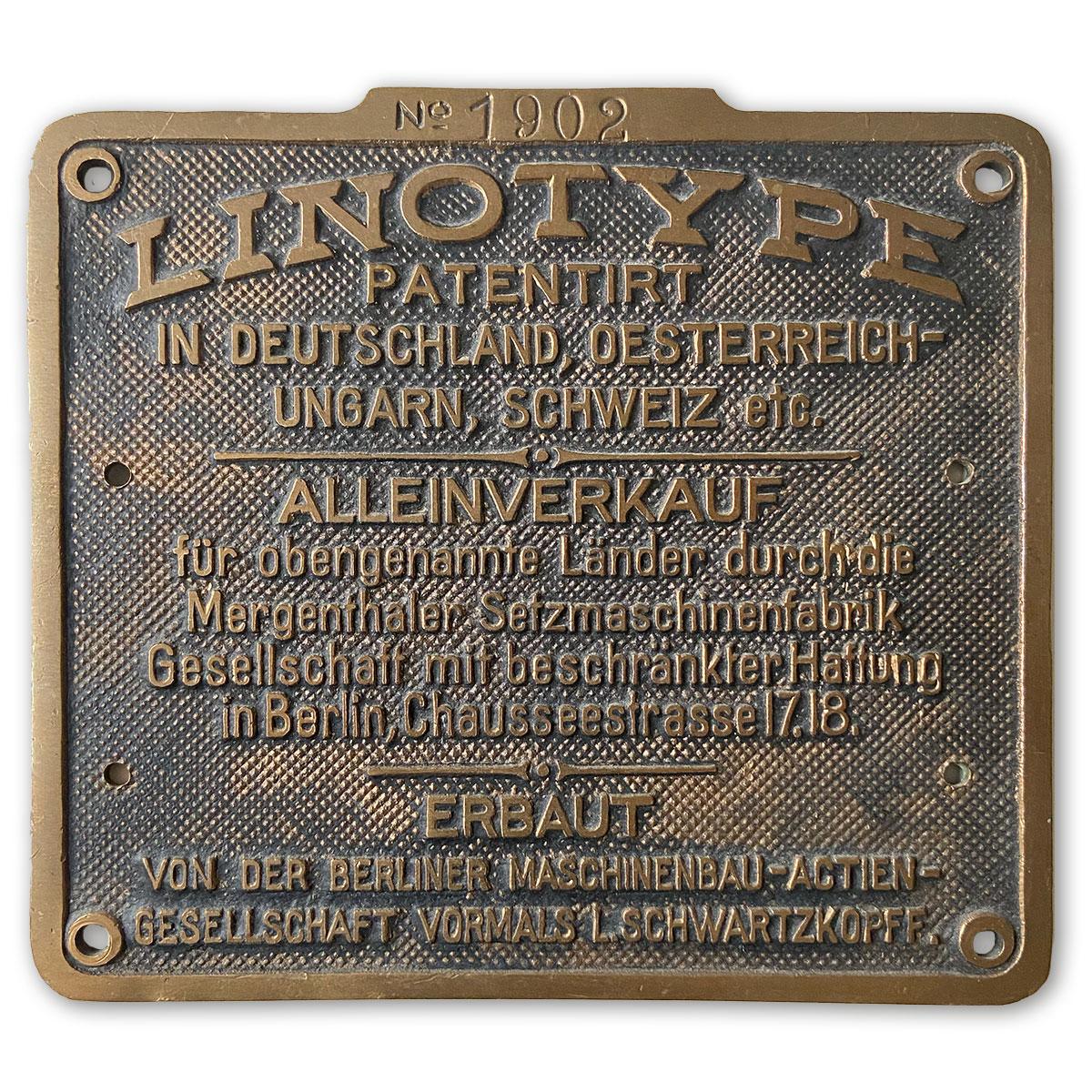 Linotype-Typenschild (1902)